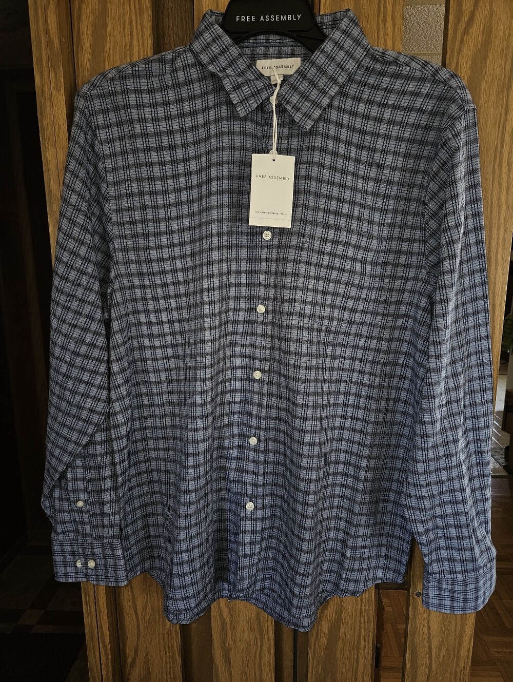 NWT Free Assembly Blue Plaid Linen Blend Button-Down Shirt